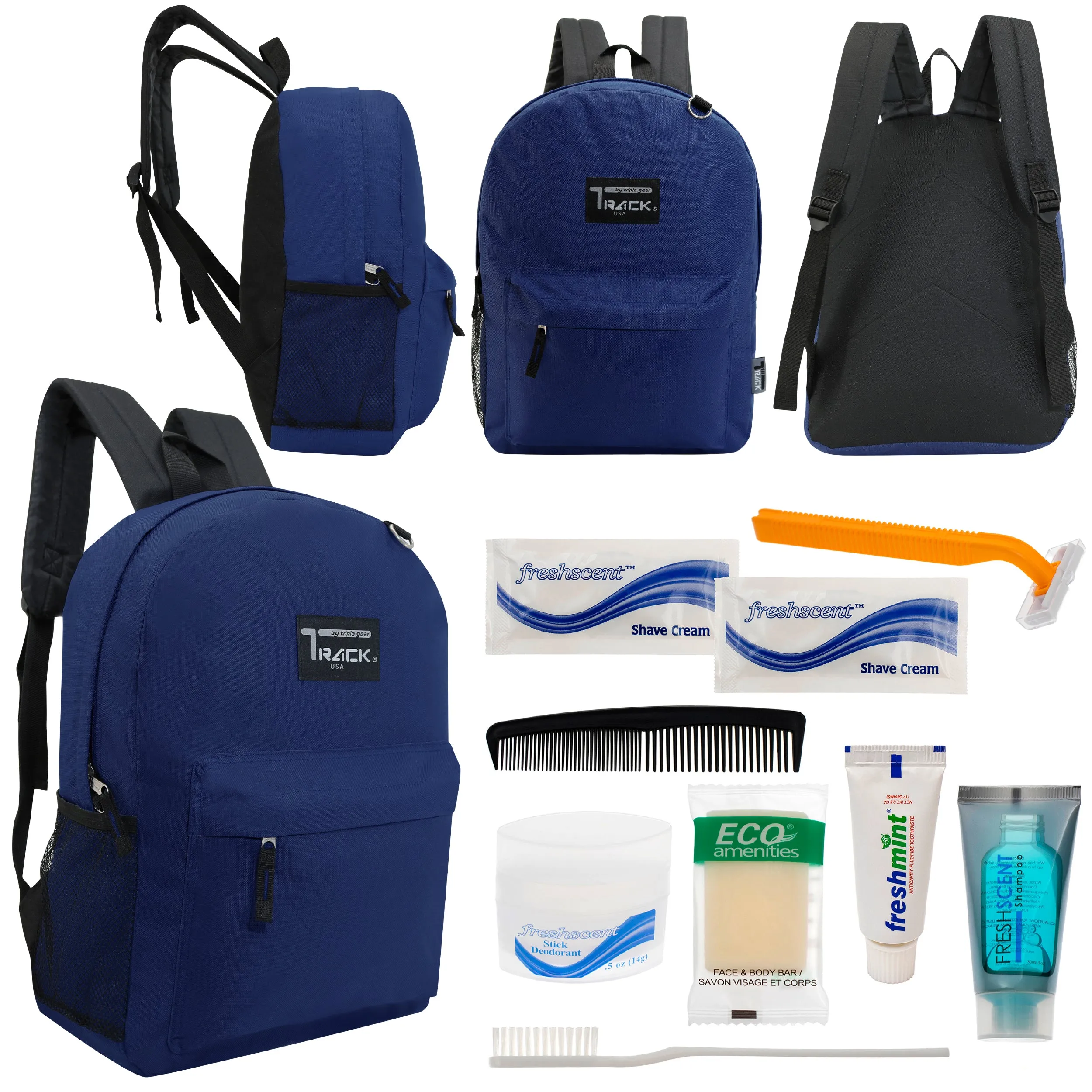 12 Classic 17" Backpacks in Navy Blue & Your Choice of 12 Bulk Hygiene Kits - Wholesale Care Package: Homeless, Emergency, Charity