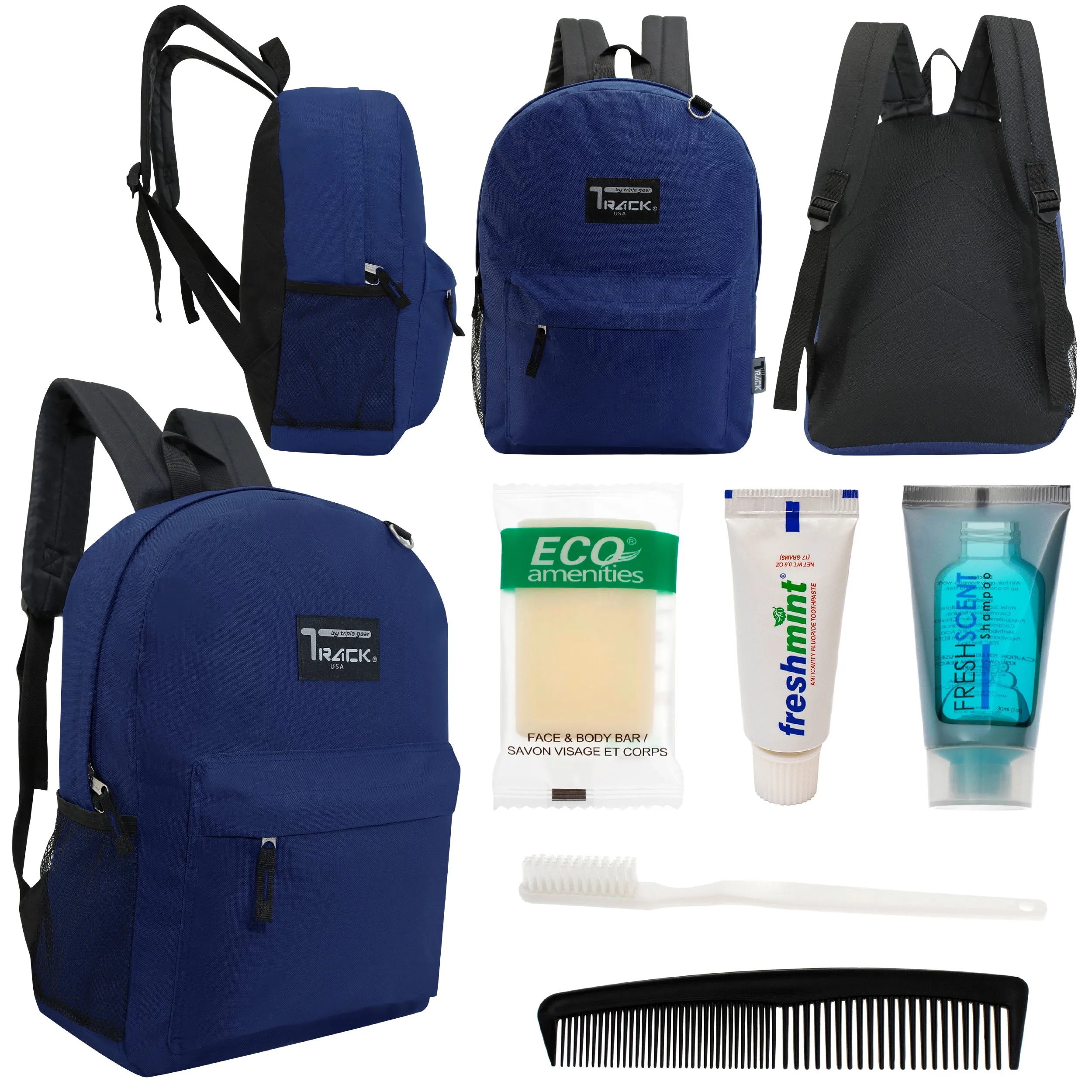 12 Classic 17" Backpacks in Navy Blue & Your Choice of 12 Bulk Hygiene Kits - Wholesale Care Package: Homeless, Emergency, Charity