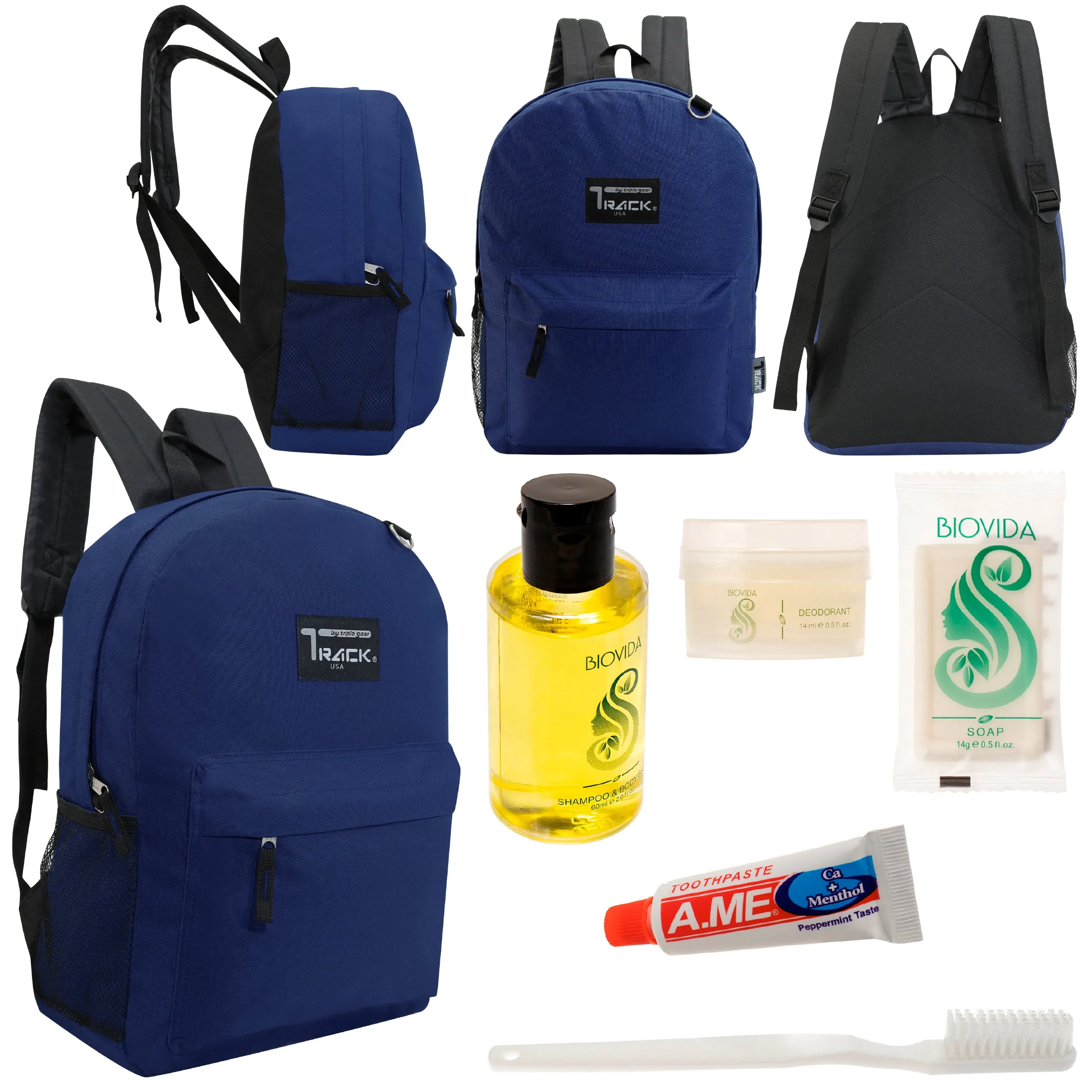 12 Classic 17" Backpacks in Navy Blue & Your Choice of 12 Bulk Hygiene Kits - Wholesale Care Package: Homeless, Emergency, Charity