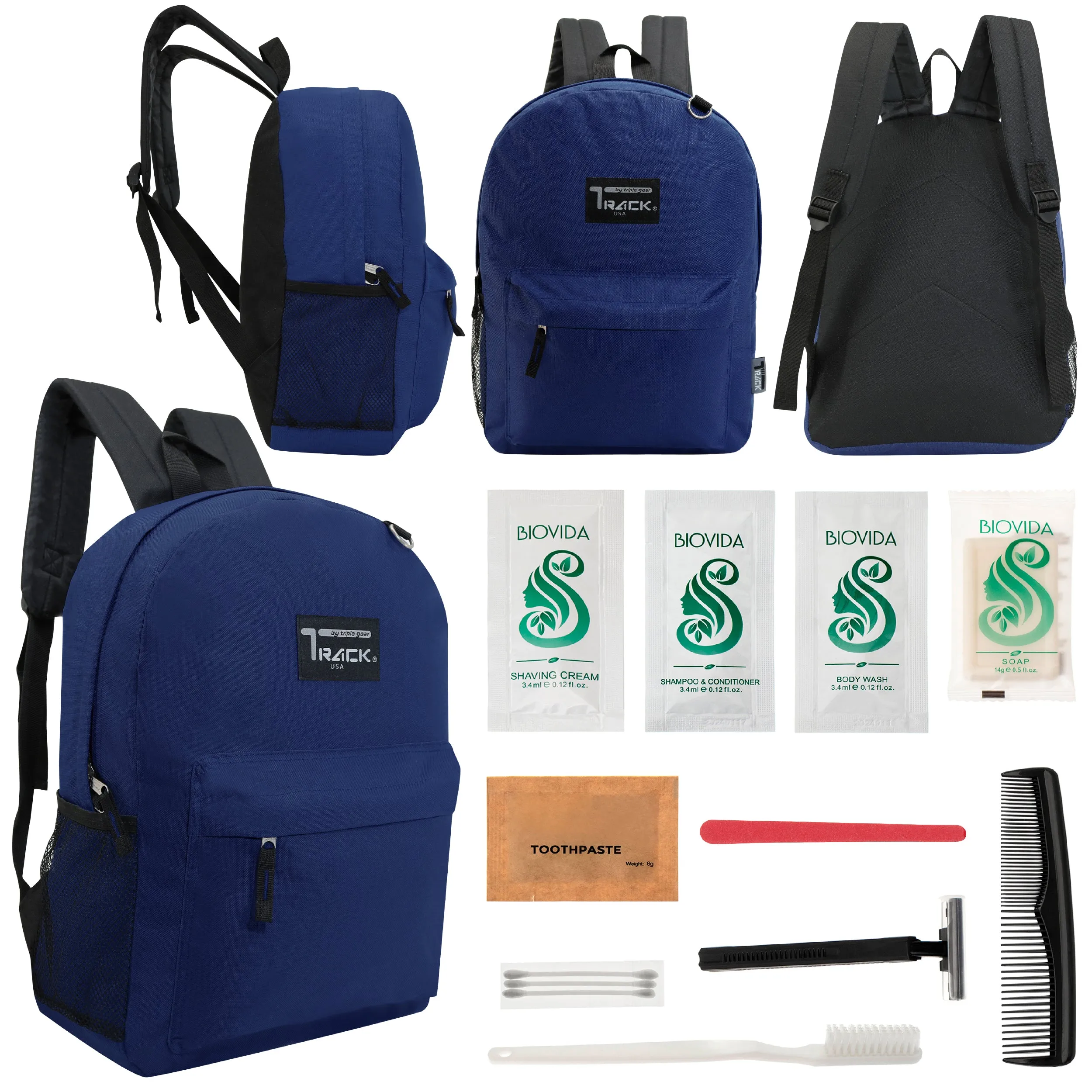 12 Classic 17" Backpacks in Navy Blue & Your Choice of 12 Bulk Hygiene Kits - Wholesale Care Package: Homeless, Emergency, Charity