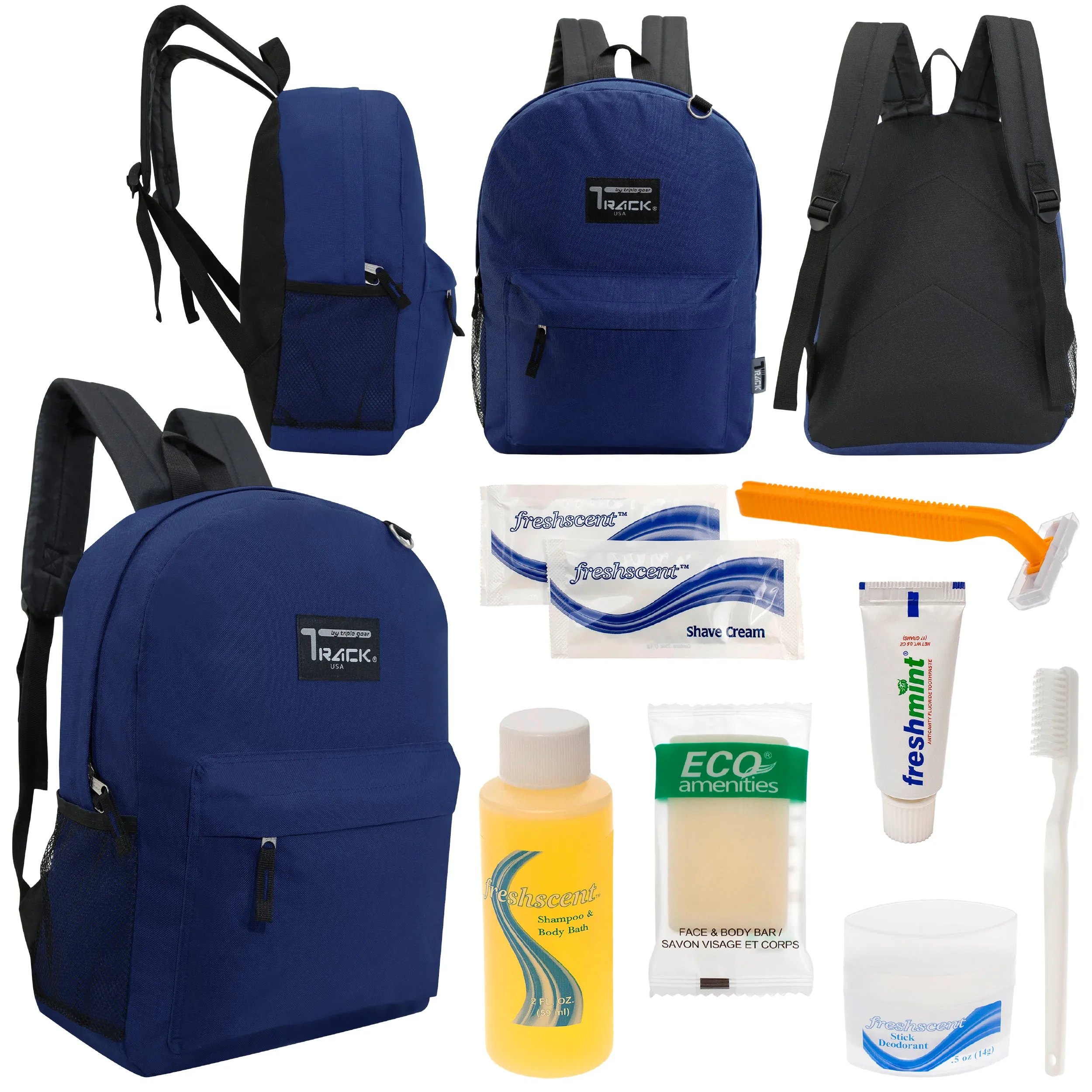 12 Classic 17" Backpacks in Navy Blue & Your Choice of 12 Bulk Hygiene Kits - Wholesale Care Package: Homeless, Emergency, Charity