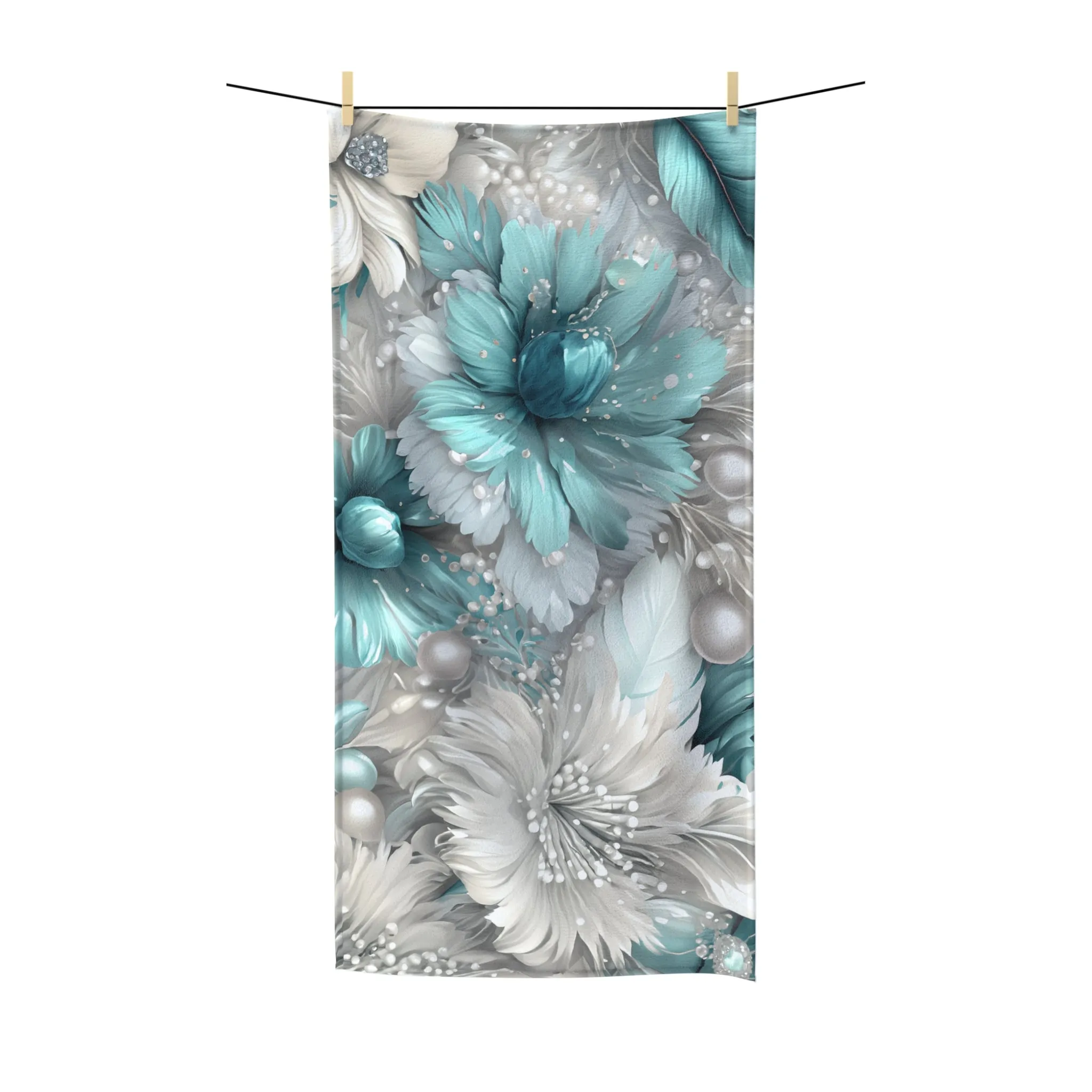 Beach Towel,  Turquoise Floral, Polycotton Towel