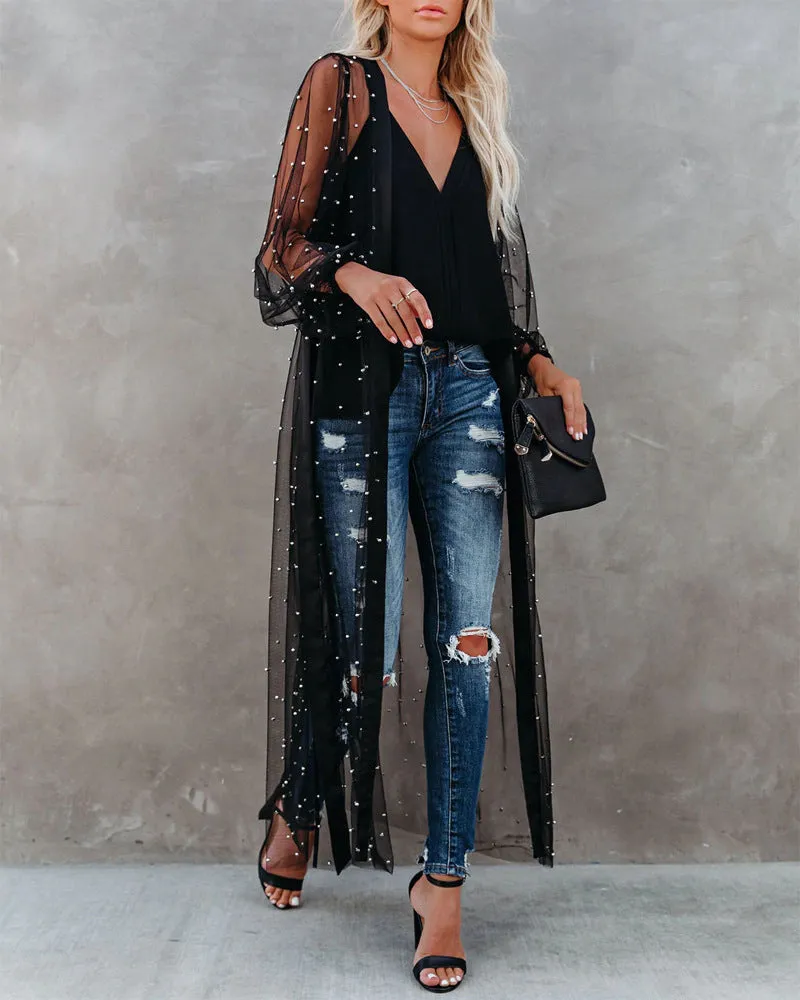 Black Starry Sheer Sequin Duster Kimono