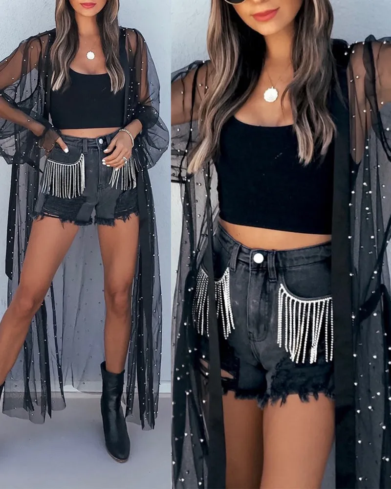 Black Starry Sheer Sequin Duster Kimono