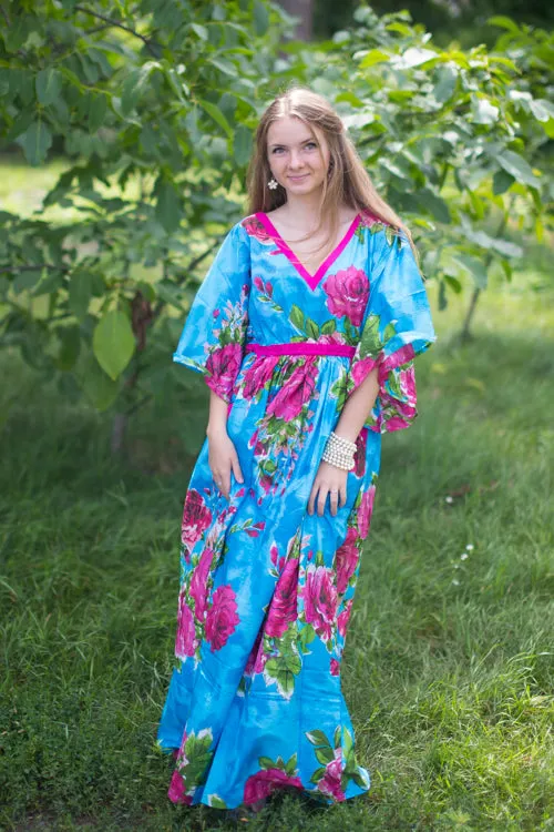 Blue Breezy Bohemian Style Caftan in Large Fuchsia Floral Blossom Pattern