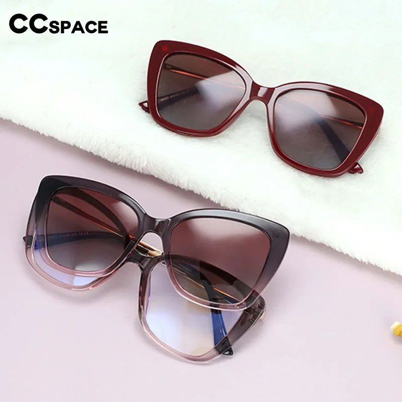 CCspace Women's Full Rim Rectangle Cat Eye Tr 90 Titanium Eyeglasses Clip On Sunglasses 53851