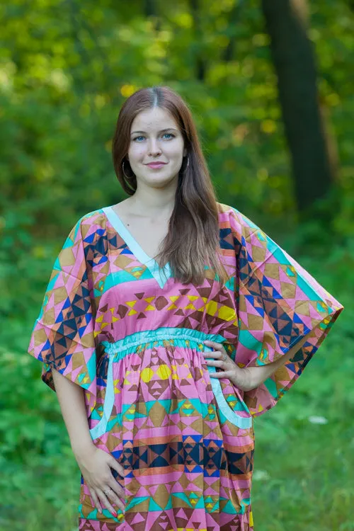 Coral Breezy Bohemian Style Caftan in Diamond Aztec Pattern