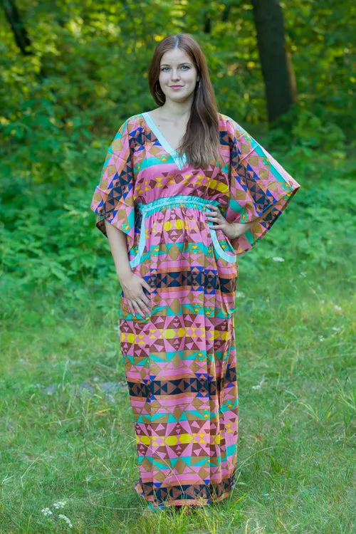 Coral Breezy Bohemian Style Caftan in Diamond Aztec Pattern