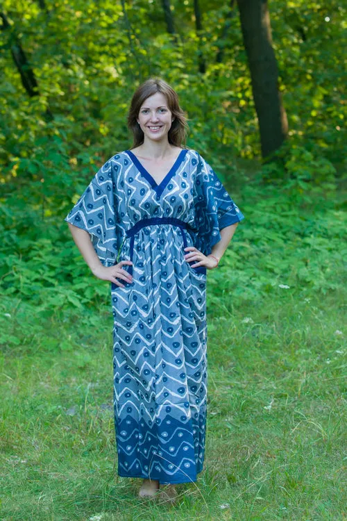 Dark Blue Breezy Bohemian Style Caftan in Chevron Dots Pattern