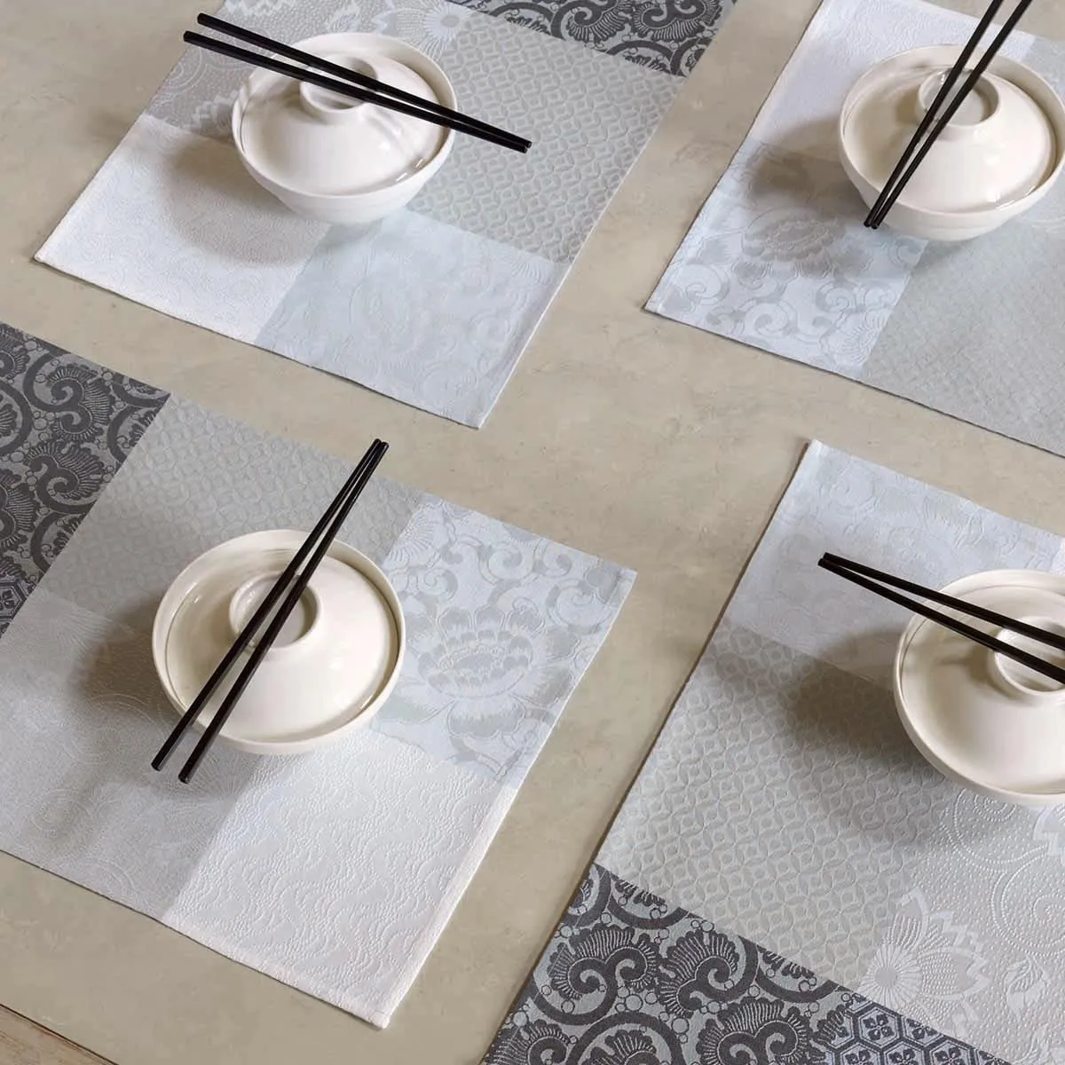 Fleurs de Kyoto Coated Table Linens in Mist