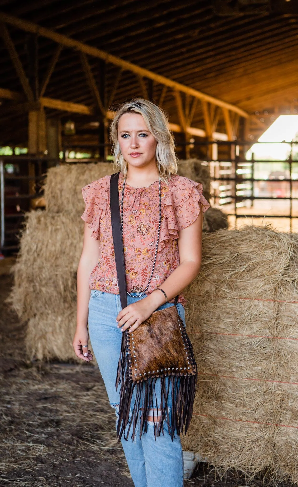 Fringed Cowgirl Messenger Crossbody - Brindle Hair on Hide