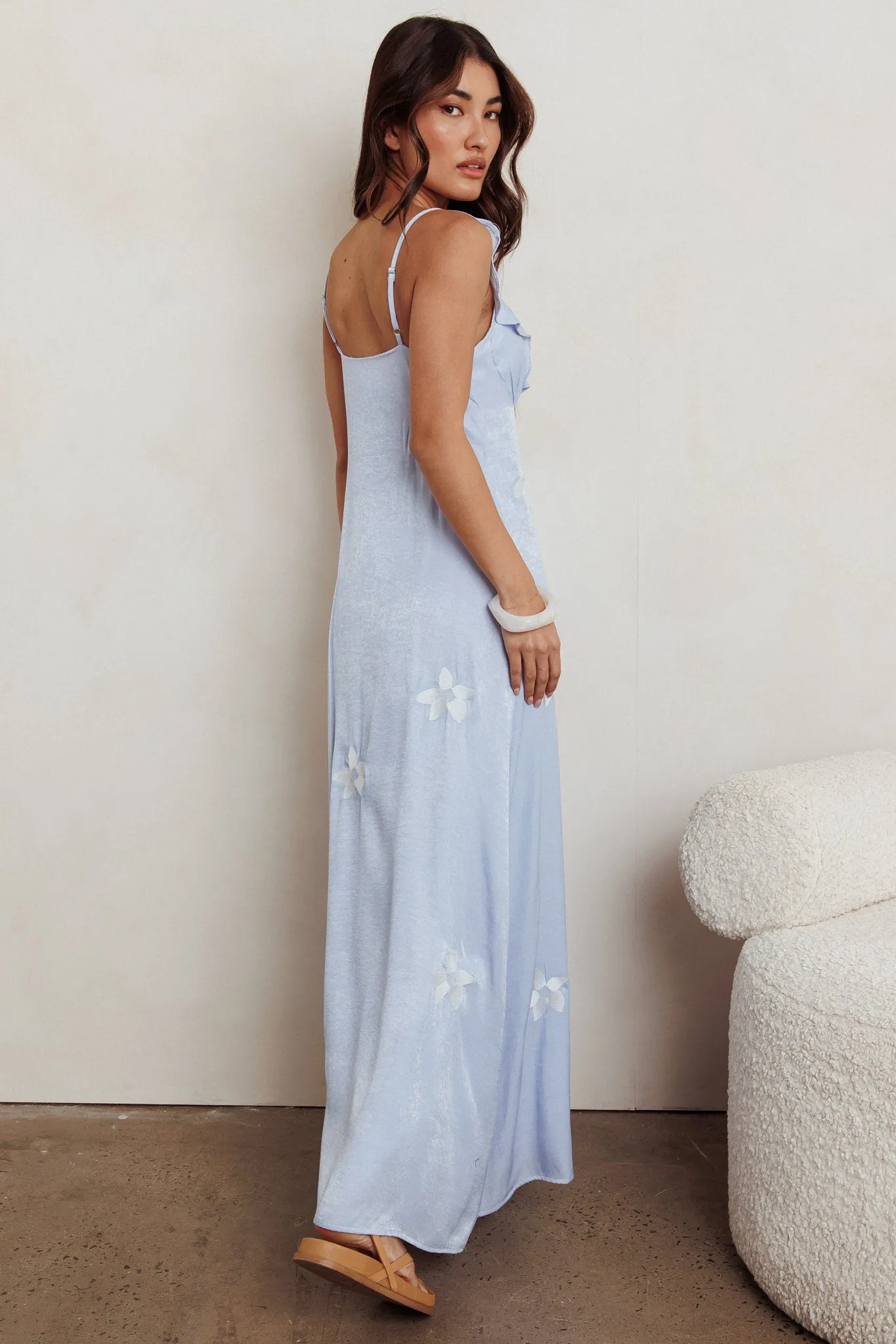 Hibiscus Ruffle A-line Maxi Dress Blue