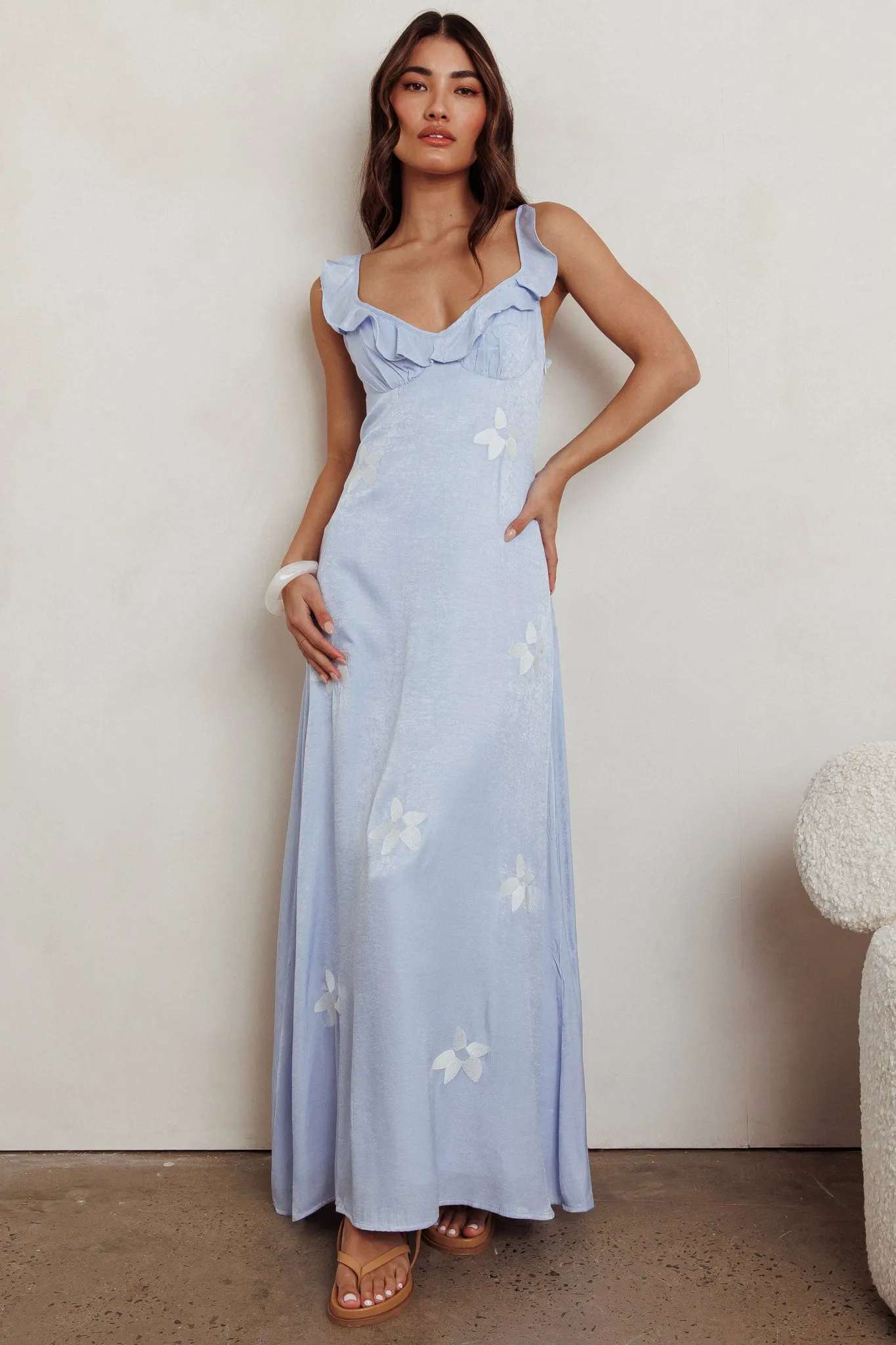 Hibiscus Ruffle A-line Maxi Dress Blue