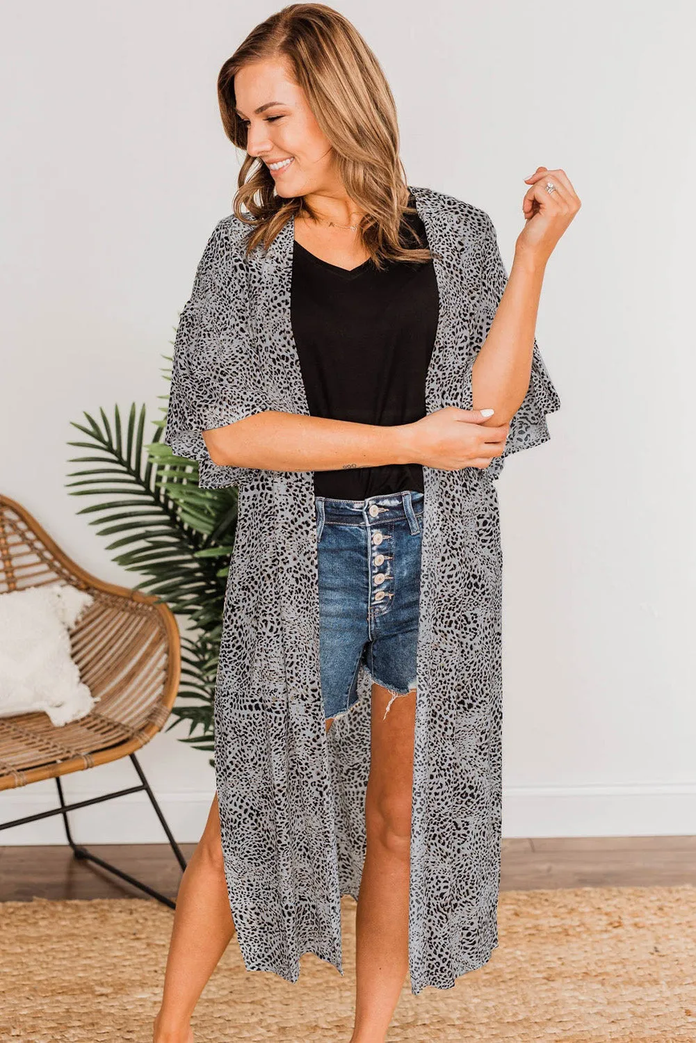 Leopard Dolman Sleeves Kimono With Slits