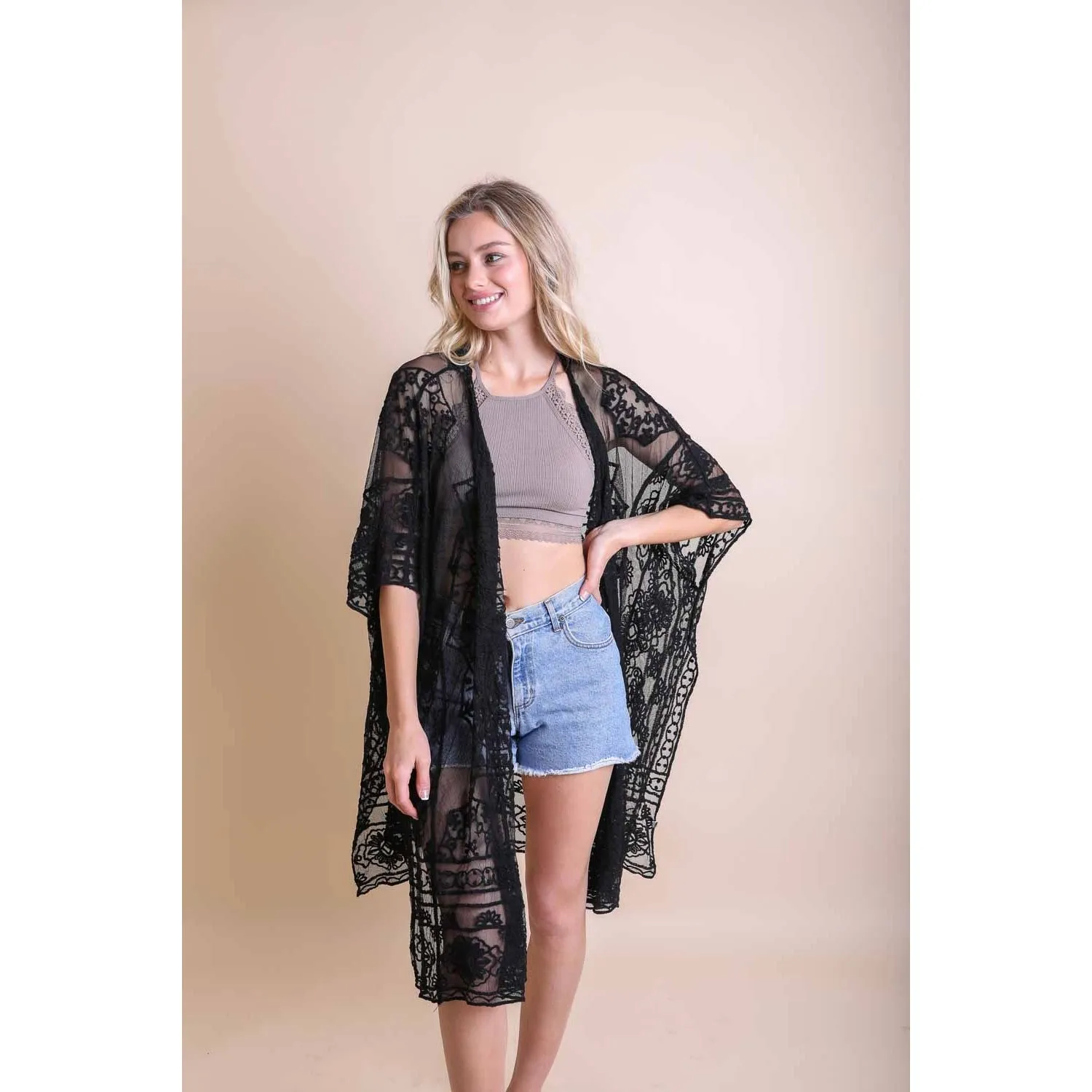 Leto Accessories Floral Mandala Embroidered Mesh Kimono