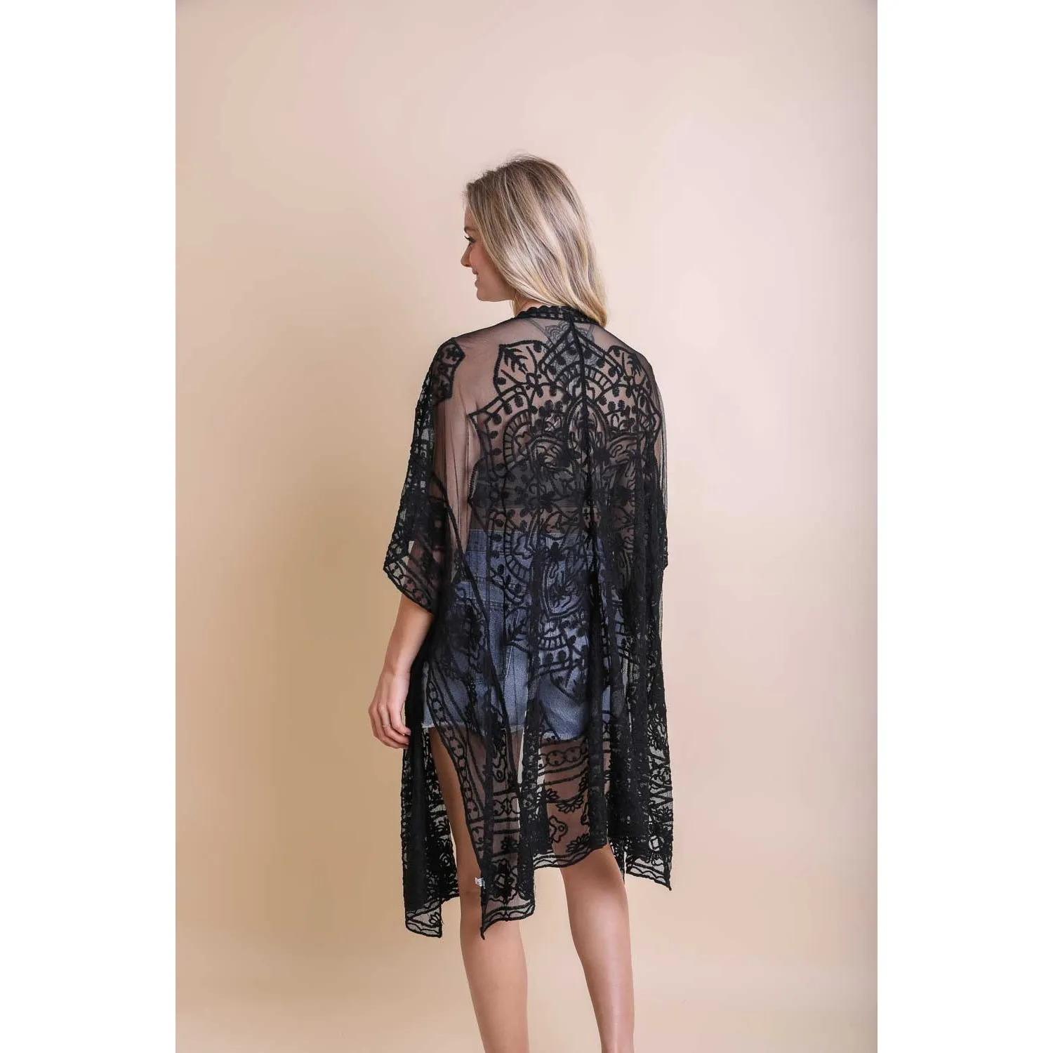 Leto Accessories Floral Mandala Embroidered Mesh Kimono