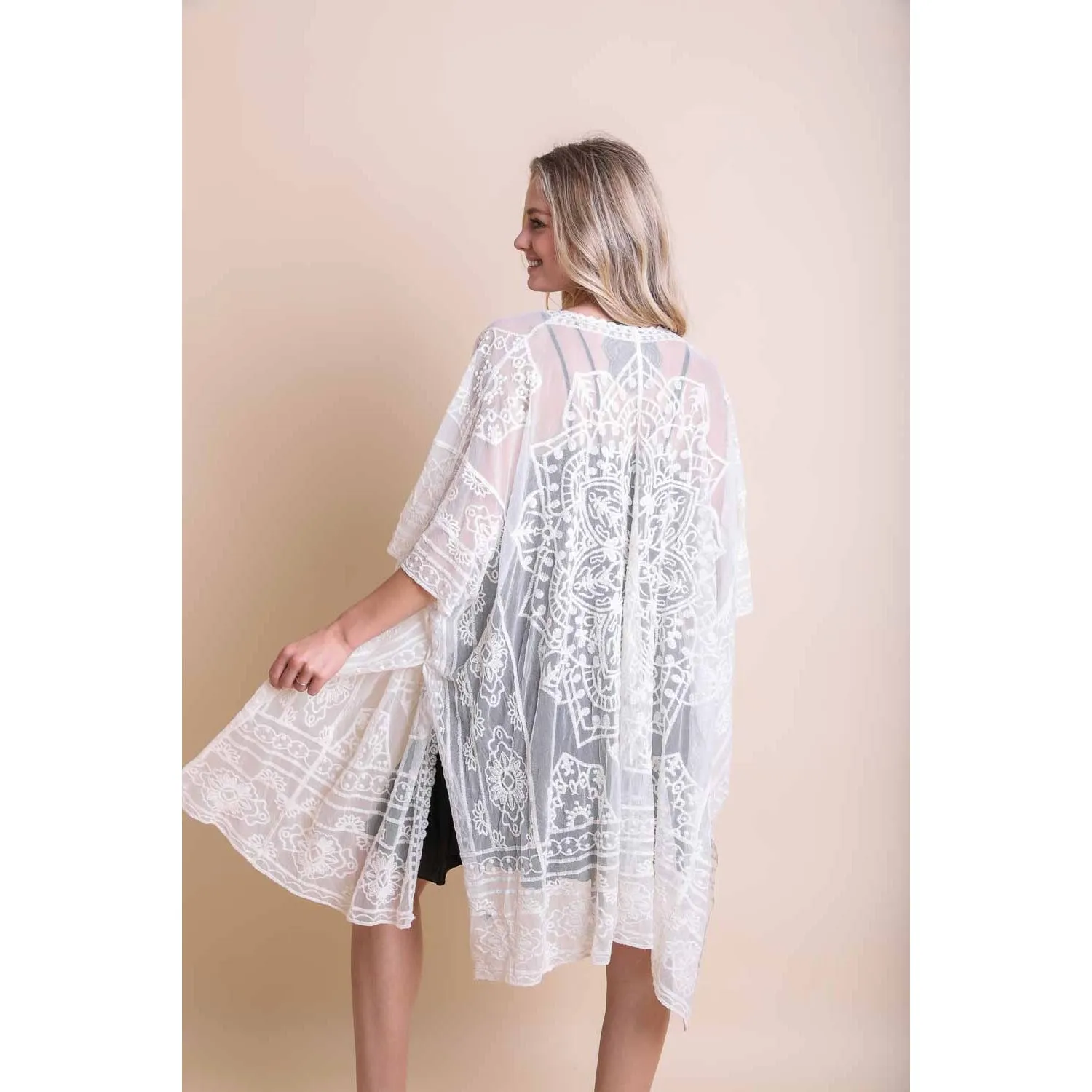 Leto Accessories Floral Mandala Embroidered Mesh Kimono