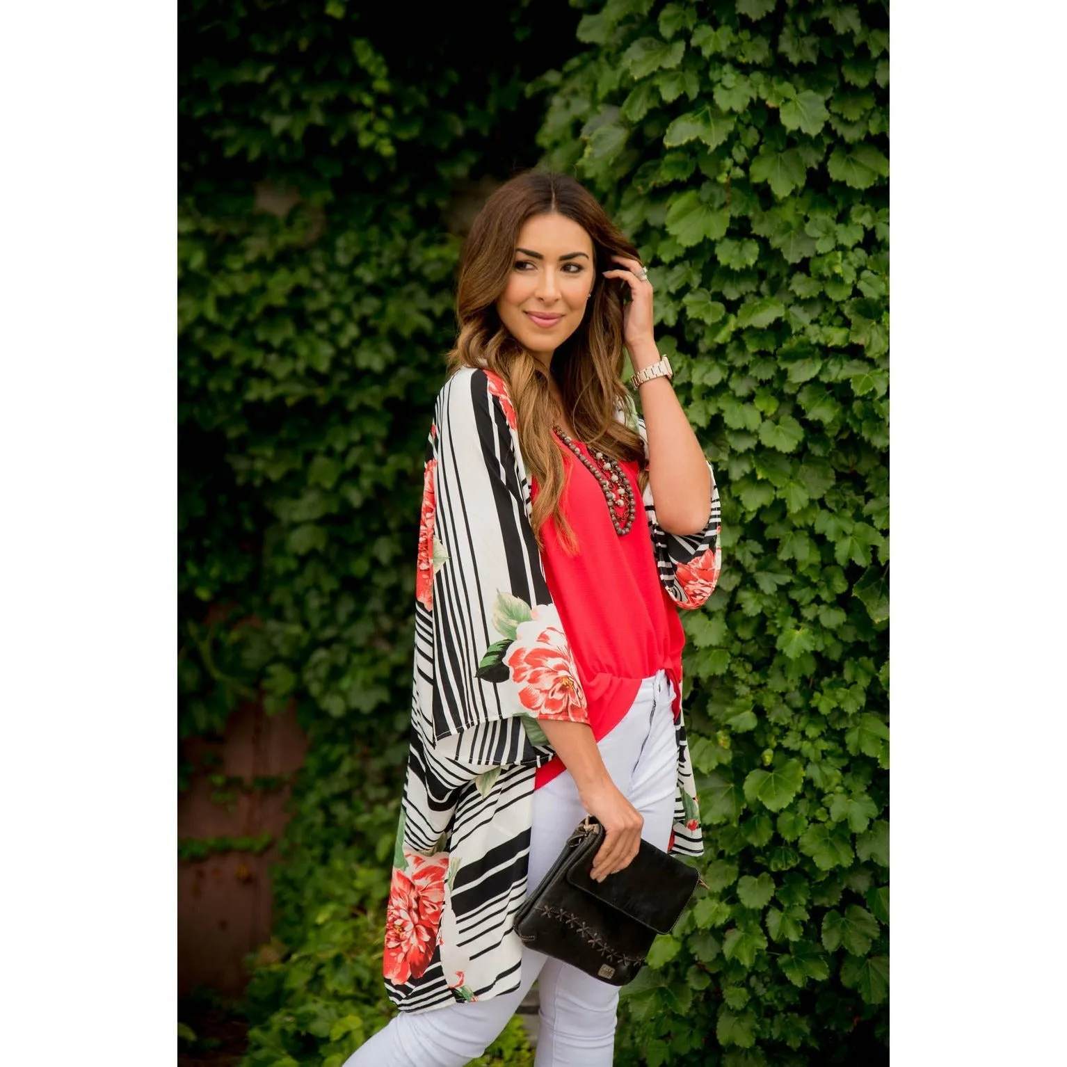 Multi Striped Floral Kimono