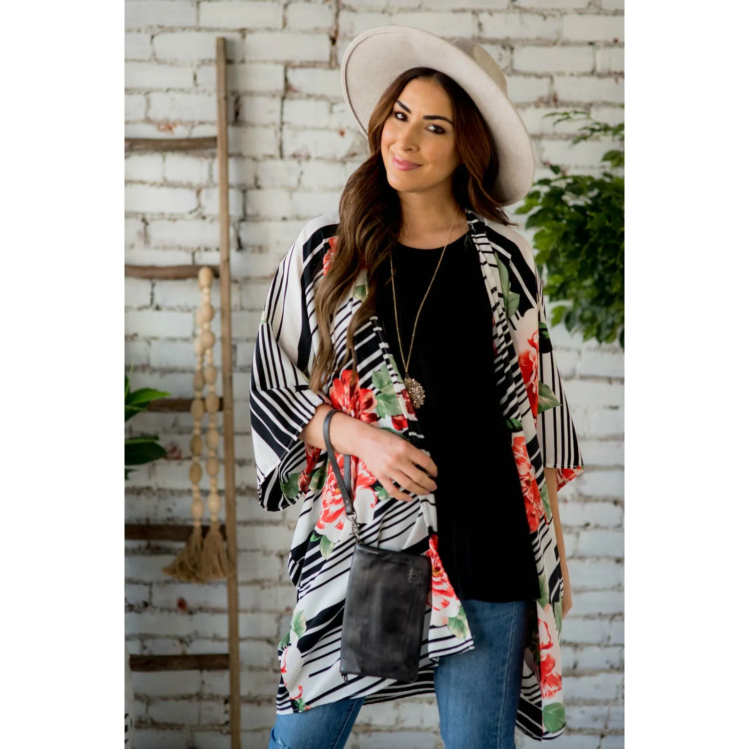 Multi Striped Floral Kimono