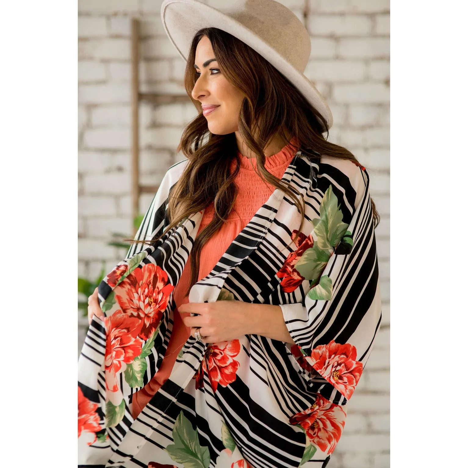 Multi Striped Floral Kimono