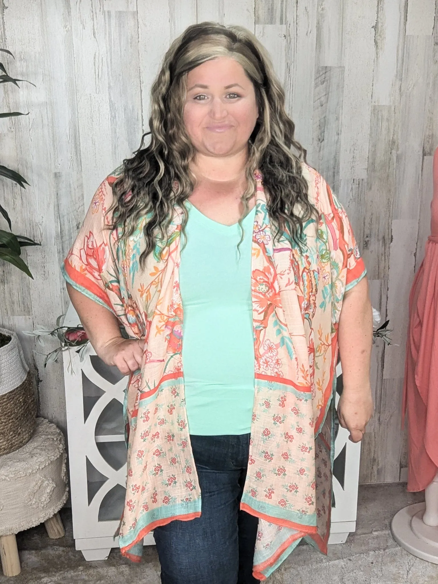 Nicole Peach Floral Kimono w/Ditsy Floral Border