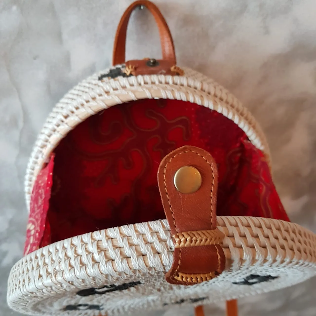 Round White Rattan Back Pack Style Bag