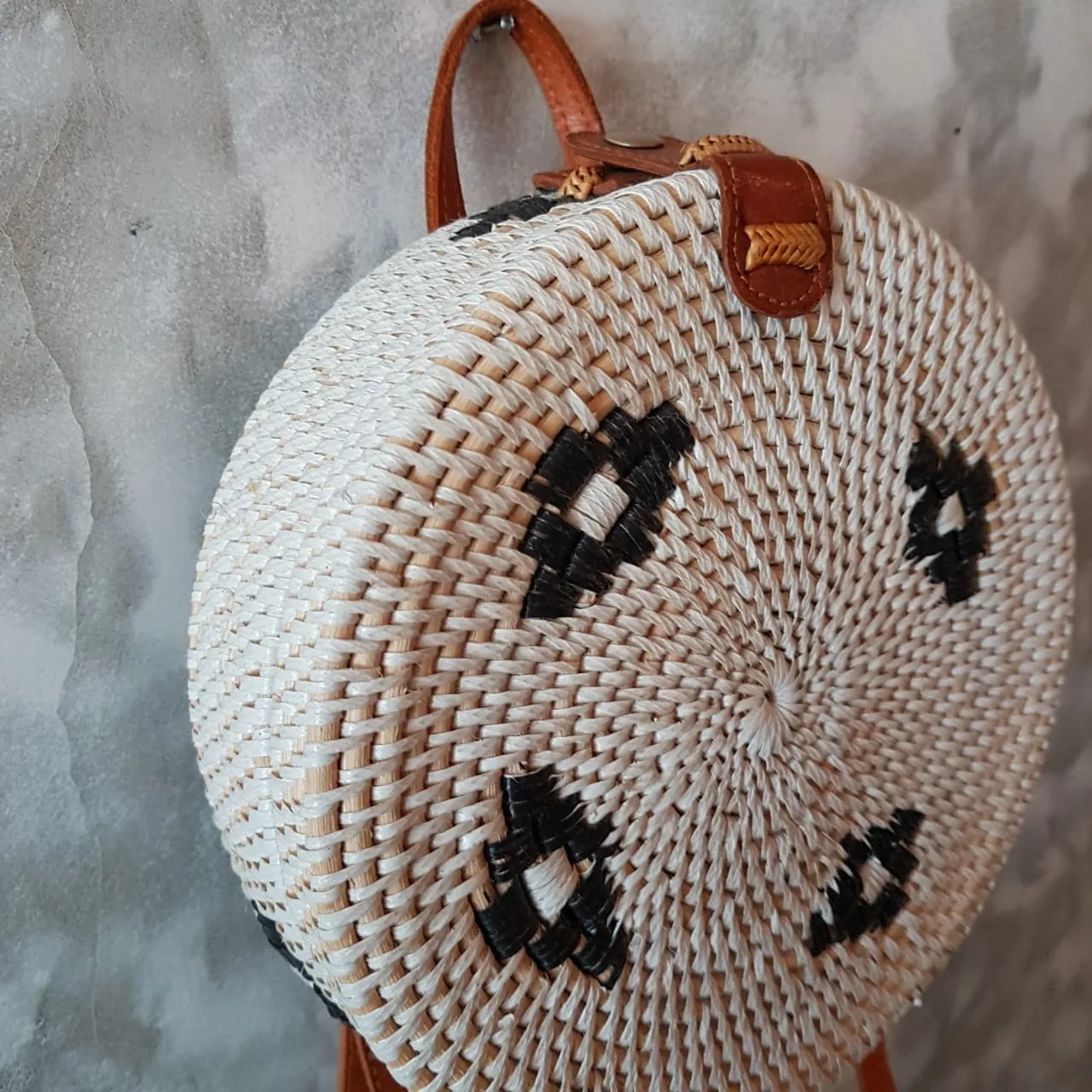 Round White Rattan Back Pack Style Bag