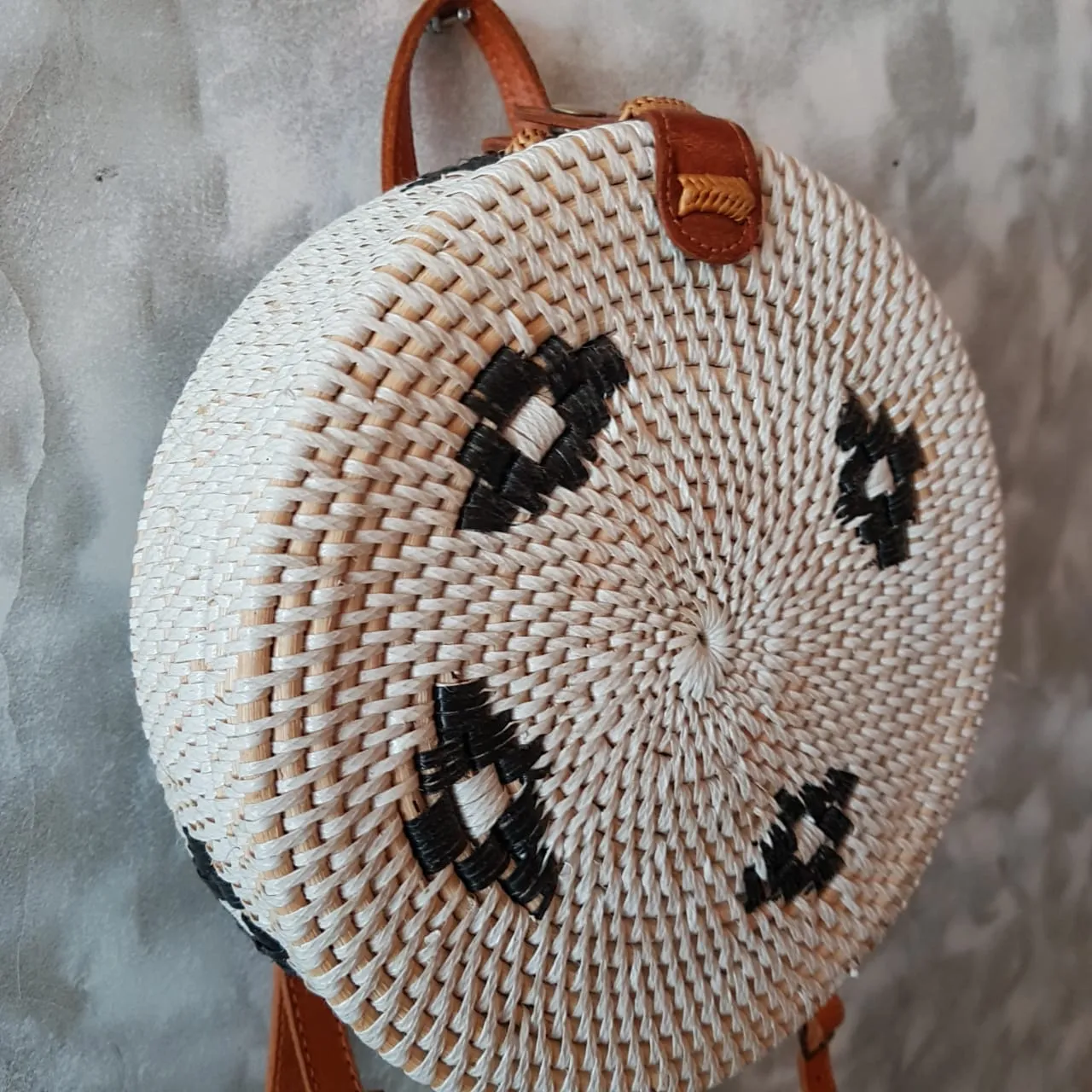 Round White Rattan Back Pack Style Bag