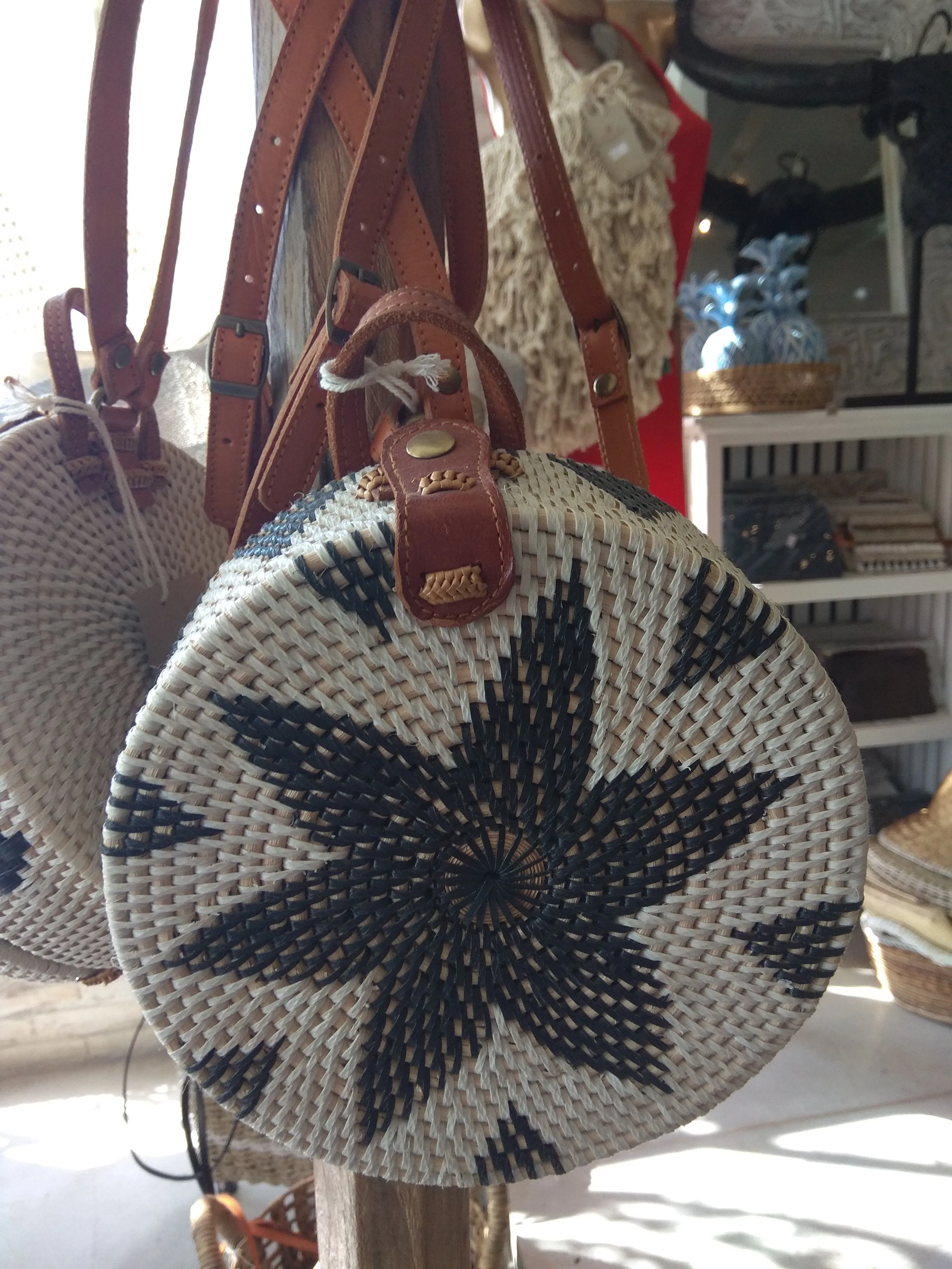 Round White Rattan Back Pack Style Bag