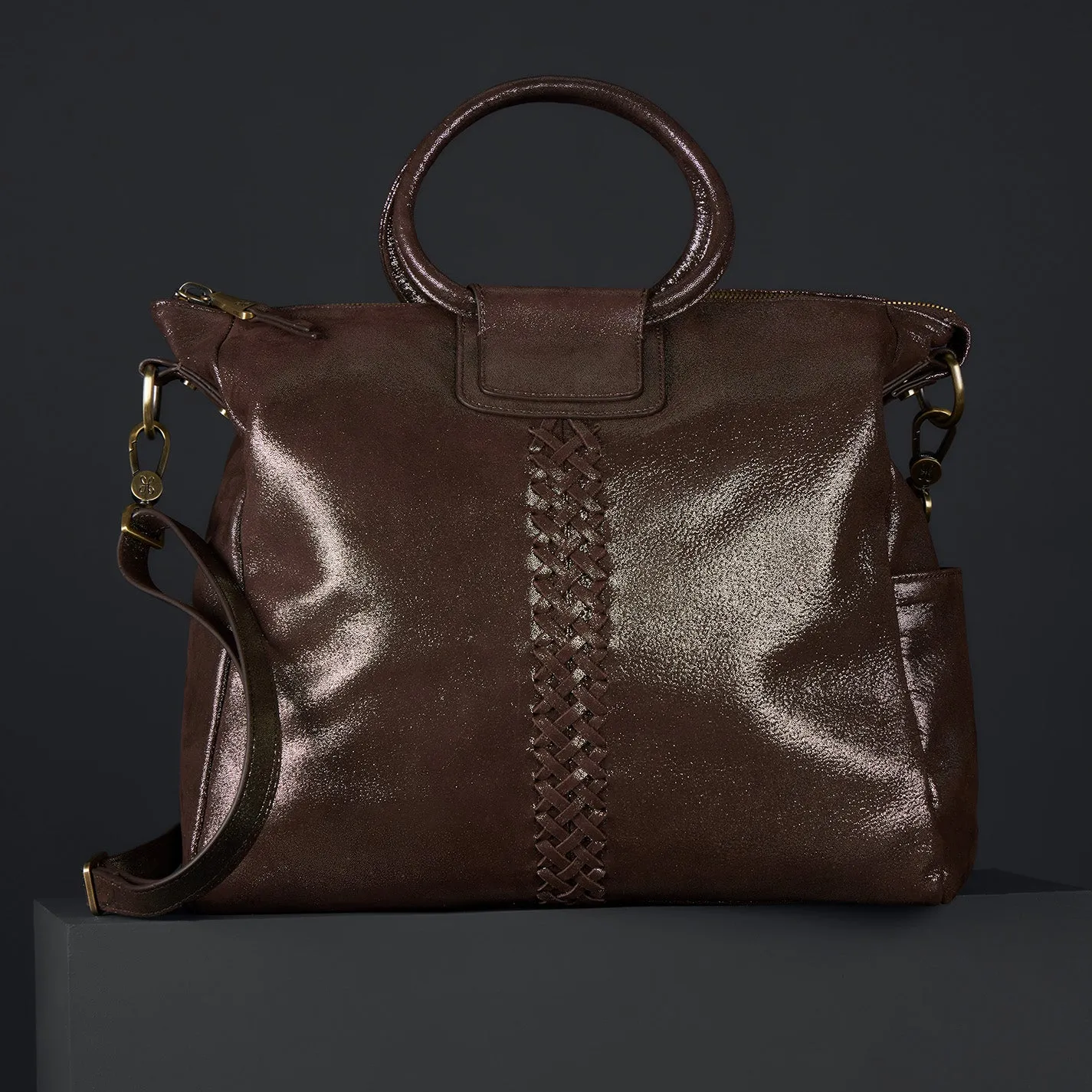 Sheila Large Satchel In Metallic Leather - Coffee Galaxy