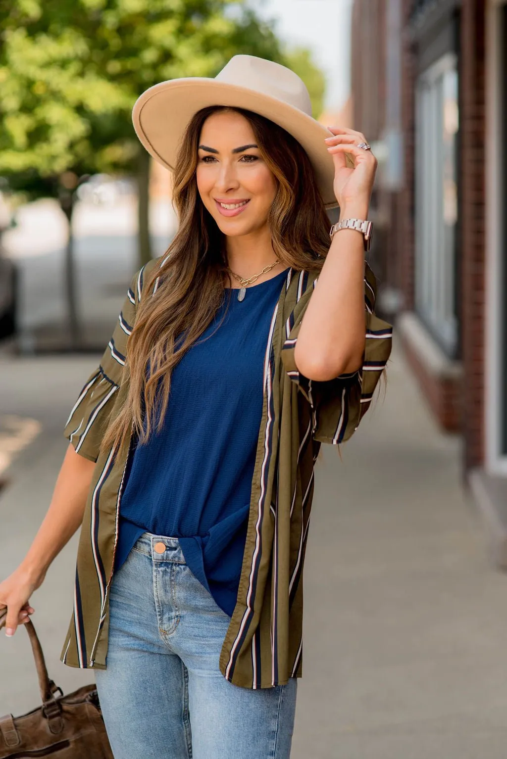 Striped Ruffle Sleeve Kimono