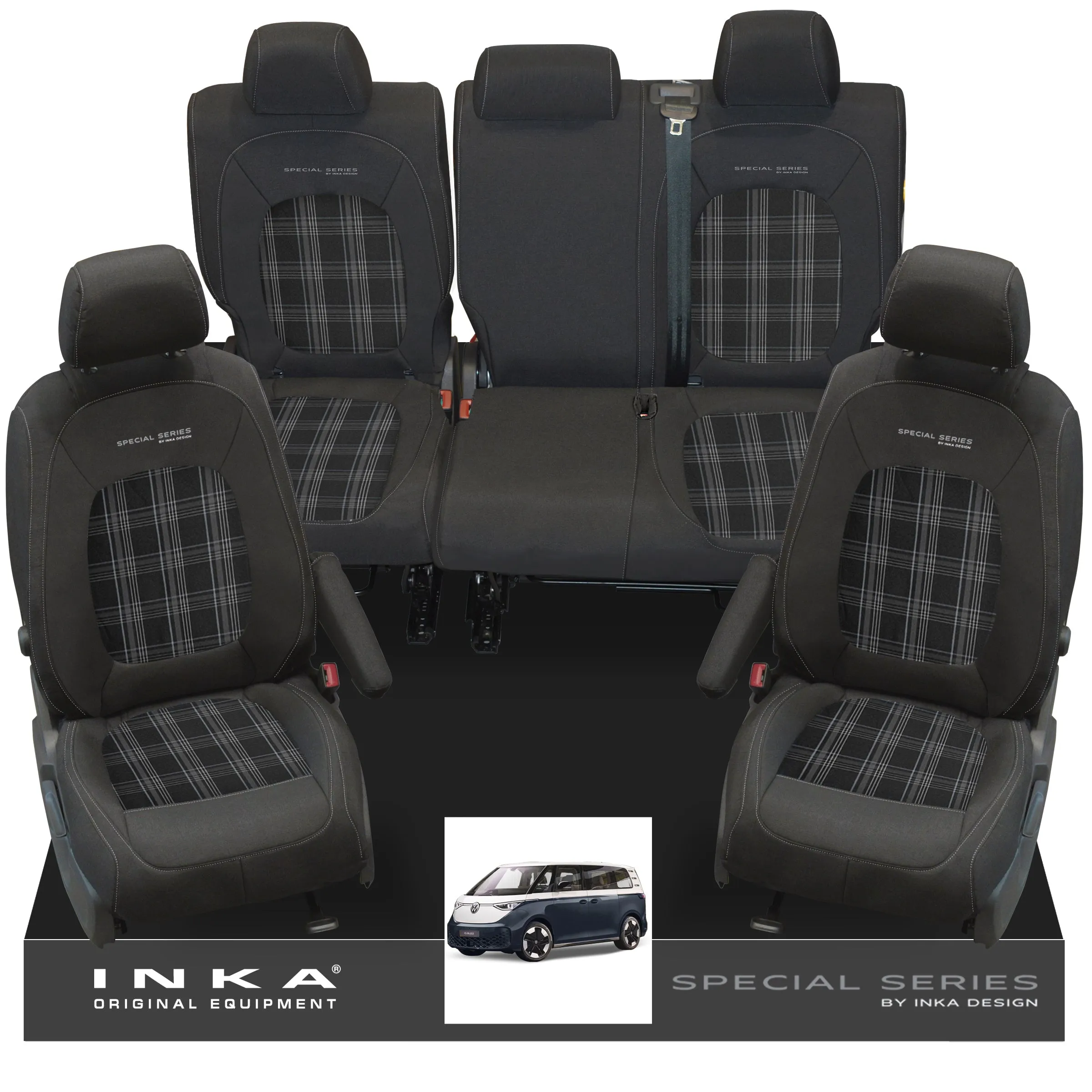 VW ID Buzz Life Style GTX Front & Rear Full Set Tailored Seat Covers, Second Skin Tartan With Special Series Embroidery MY22 onwards