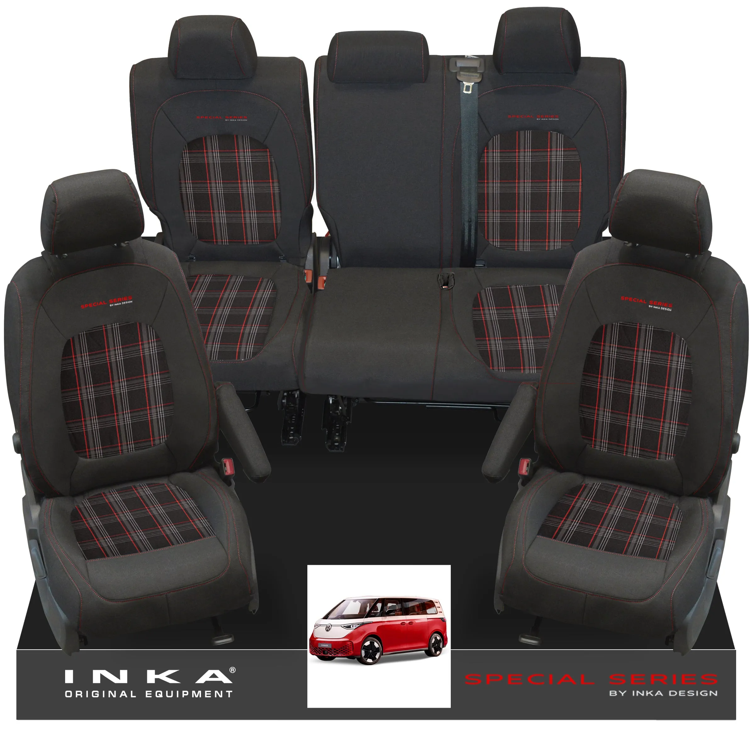 VW ID Buzz Life Style GTX Front & Rear Full Set Tailored Seat Covers, Second Skin Tartan With Special Series Embroidery MY22 onwards