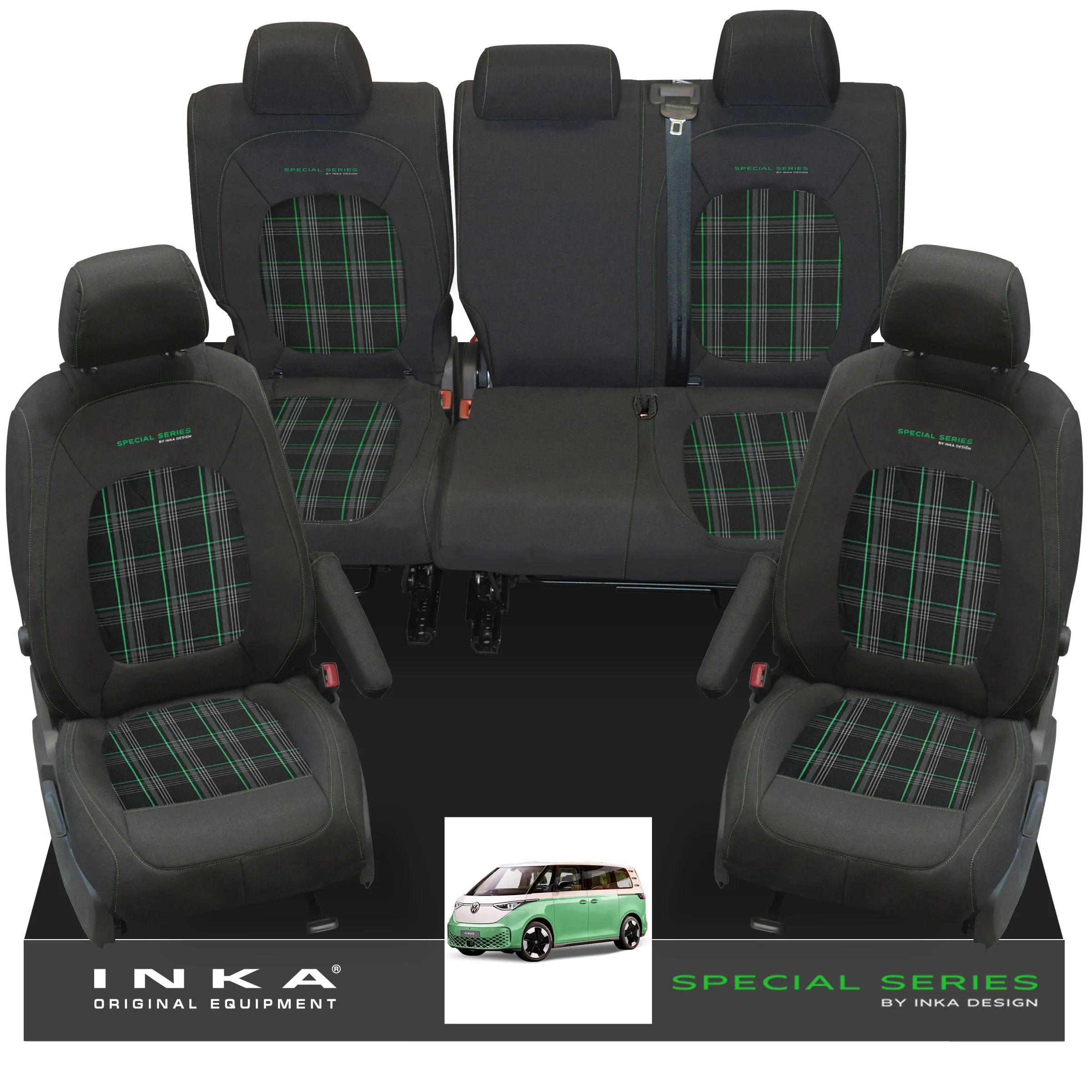 VW ID Buzz Life Style GTX Front & Rear Full Set Tailored Seat Covers, Second Skin Tartan With Special Series Embroidery MY22 onwards