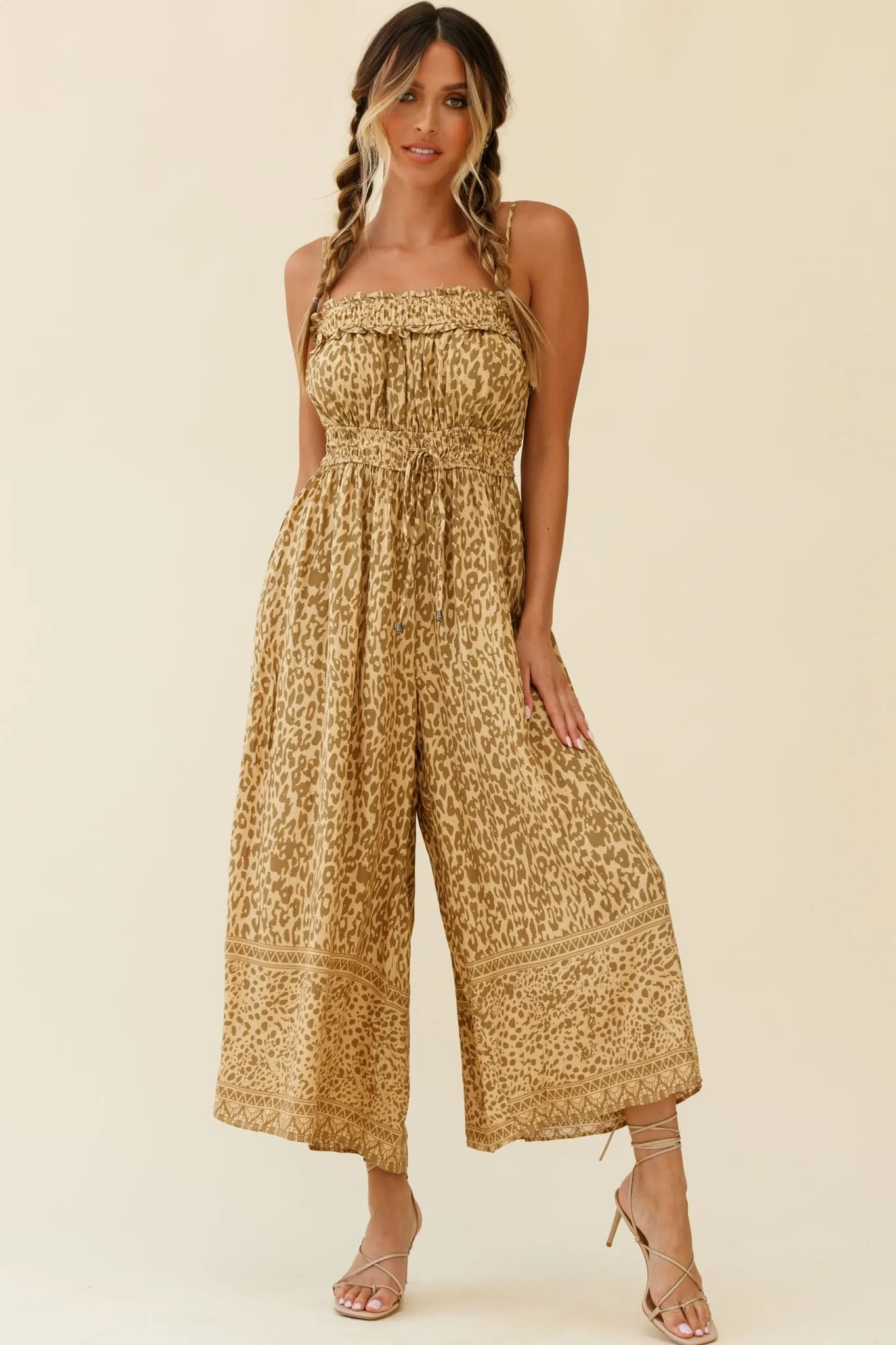 Weekend Escape Cami Strap Drawstring Jumpsuit Animal Print Khaki