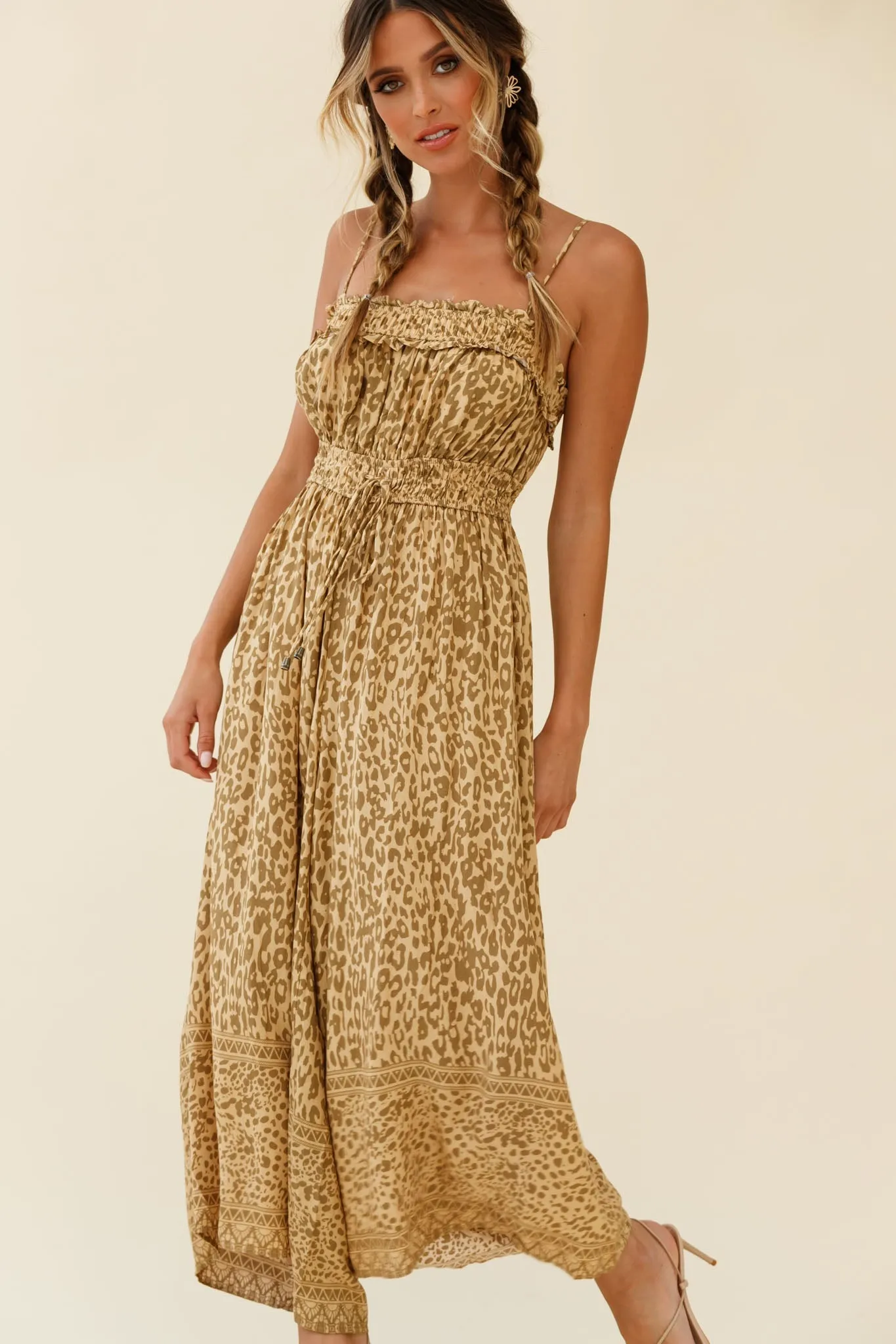 Weekend Escape Cami Strap Drawstring Jumpsuit Animal Print Khaki