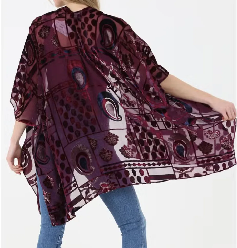 Women's Velvet Burnout Teardrop Patterned Kimono