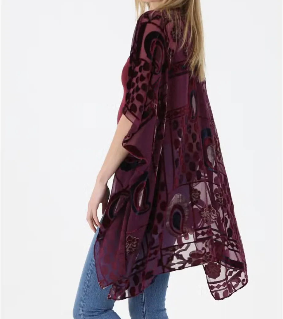 Women's Velvet Burnout Teardrop Patterned Kimono