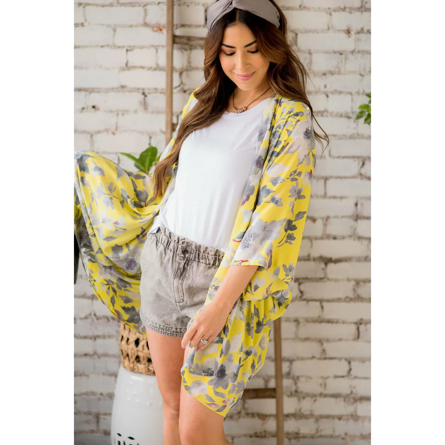 Yellow Gray Floral Kimono